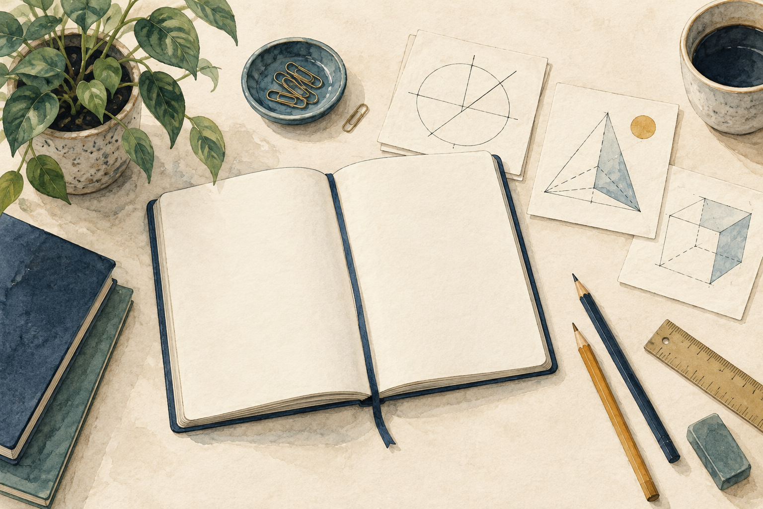 Watercolor illustration of pencils, a ruler, notebooks and diagram cards.